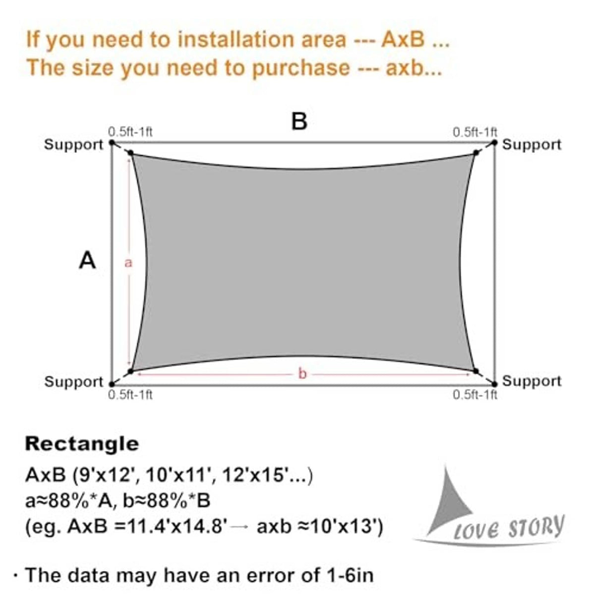 Rectangle shade sail size diagram with labeled dimensions A and B