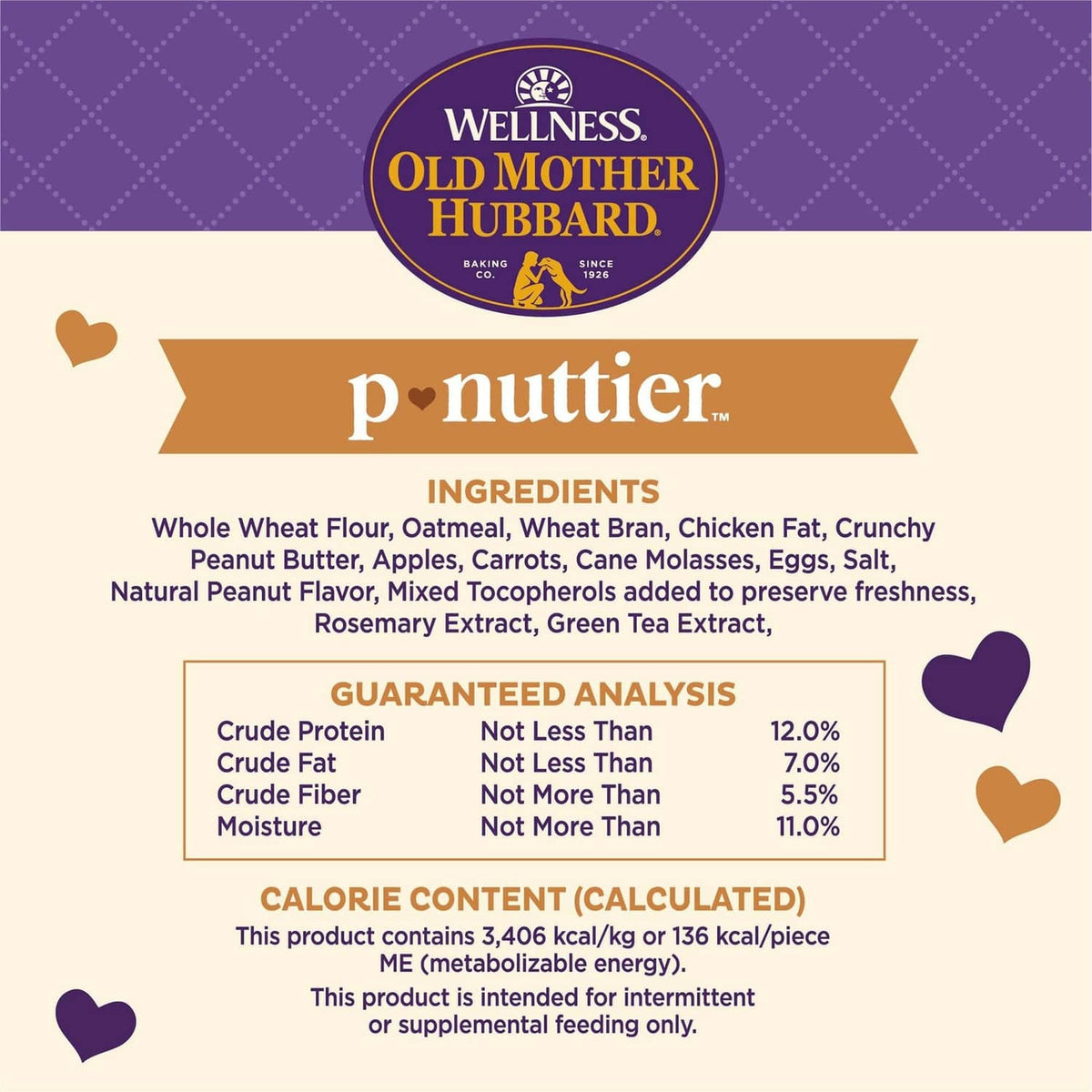 p’nuttier ingredients and calorie info panel for Old Mother Hubbard dog biscuits