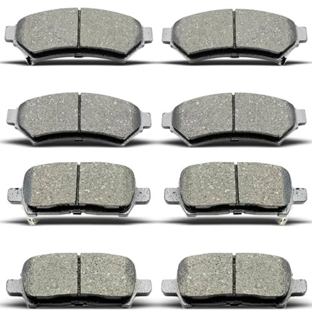 8-piece ceramic brake pad set, gray pads with metal hardware plates shown in layout.