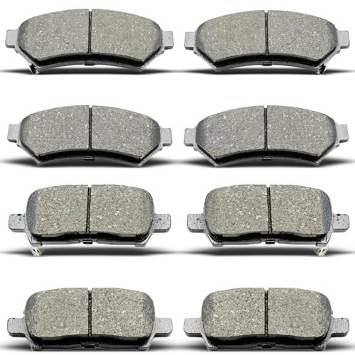 8-piece ceramic brake pad set, gray pads with metal hardware plates shown in layout.