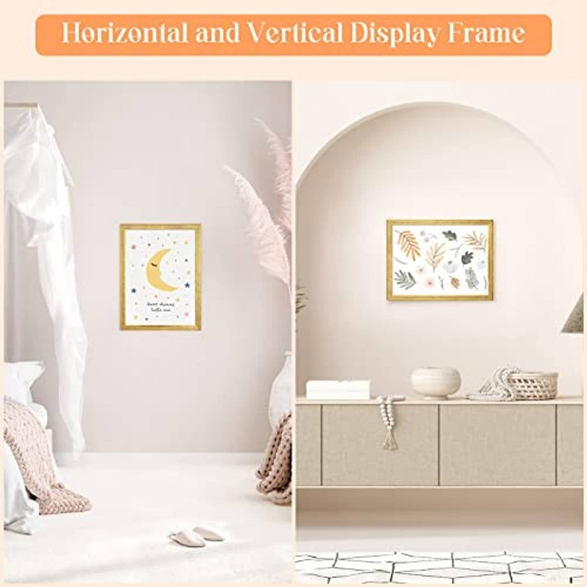 Gold wood picture frame shown for horizontal or vertical wall display