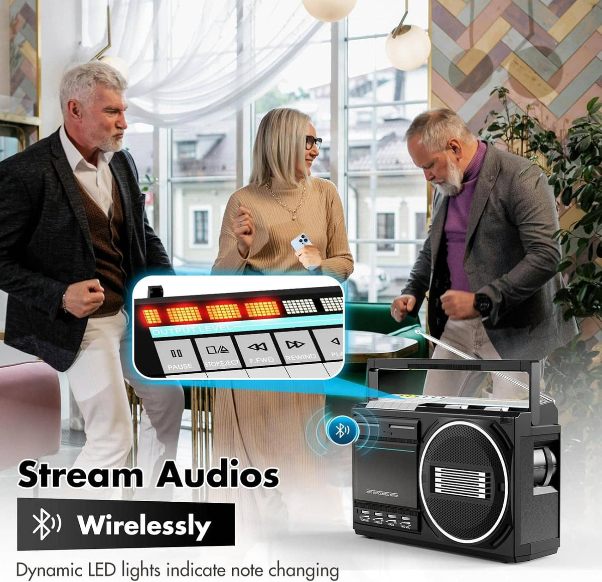 Black cassette boombox with front speaker, blue LED display and Bluetooth icon