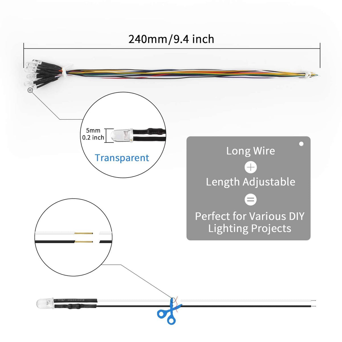Pre-wired 5mm LED diode with transparent bulb on long multi-wire lead, adjustable length