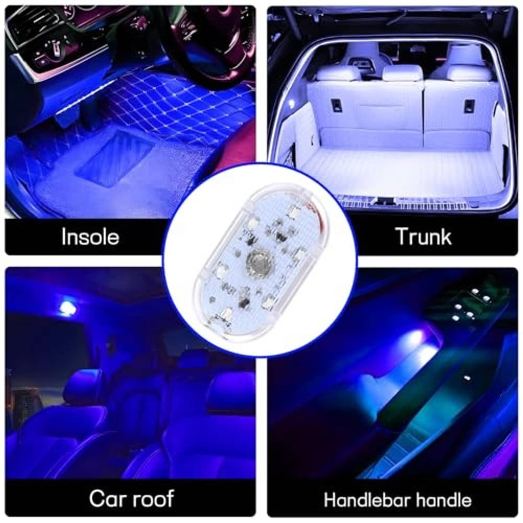 Set of blue LED car interior lights illuminating trunk and in-cabin areas