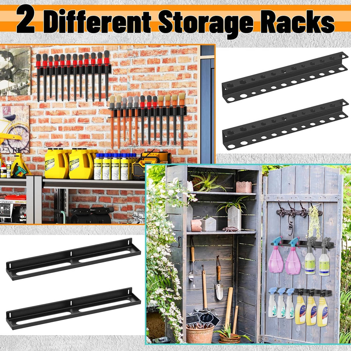 Two black wall-mount detailing brush racks with long 12-slot rails