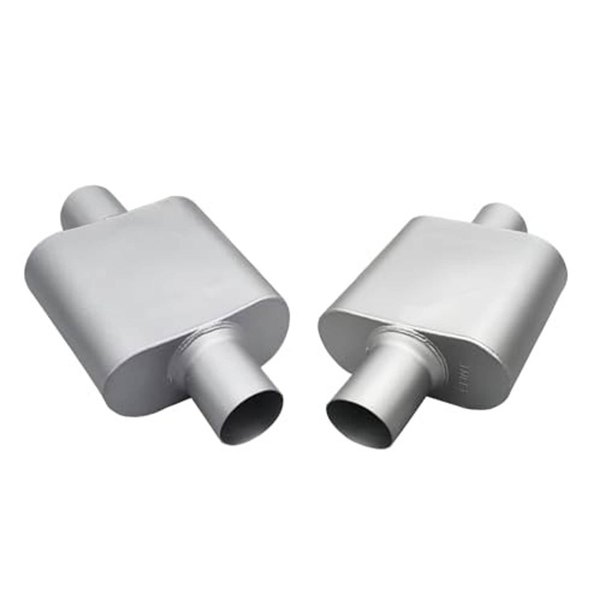 Pair of silver single-chamber mufflers with side-by-side 2.5-inch ID ports