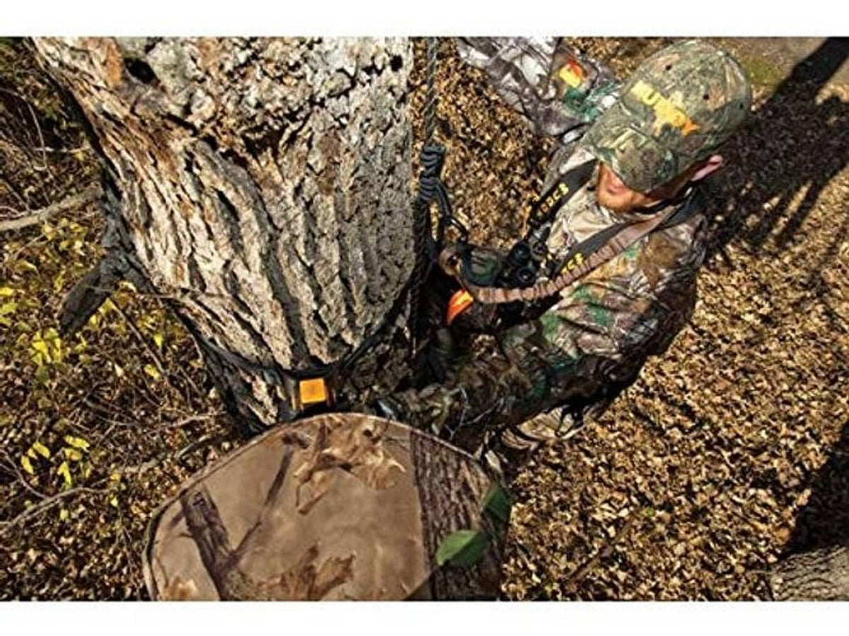 Camouflage safety line harness with web strap and orange connector clip