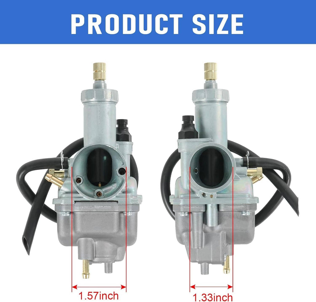 Carburetor replacement kit with front and side views, inlet bore measurements shown