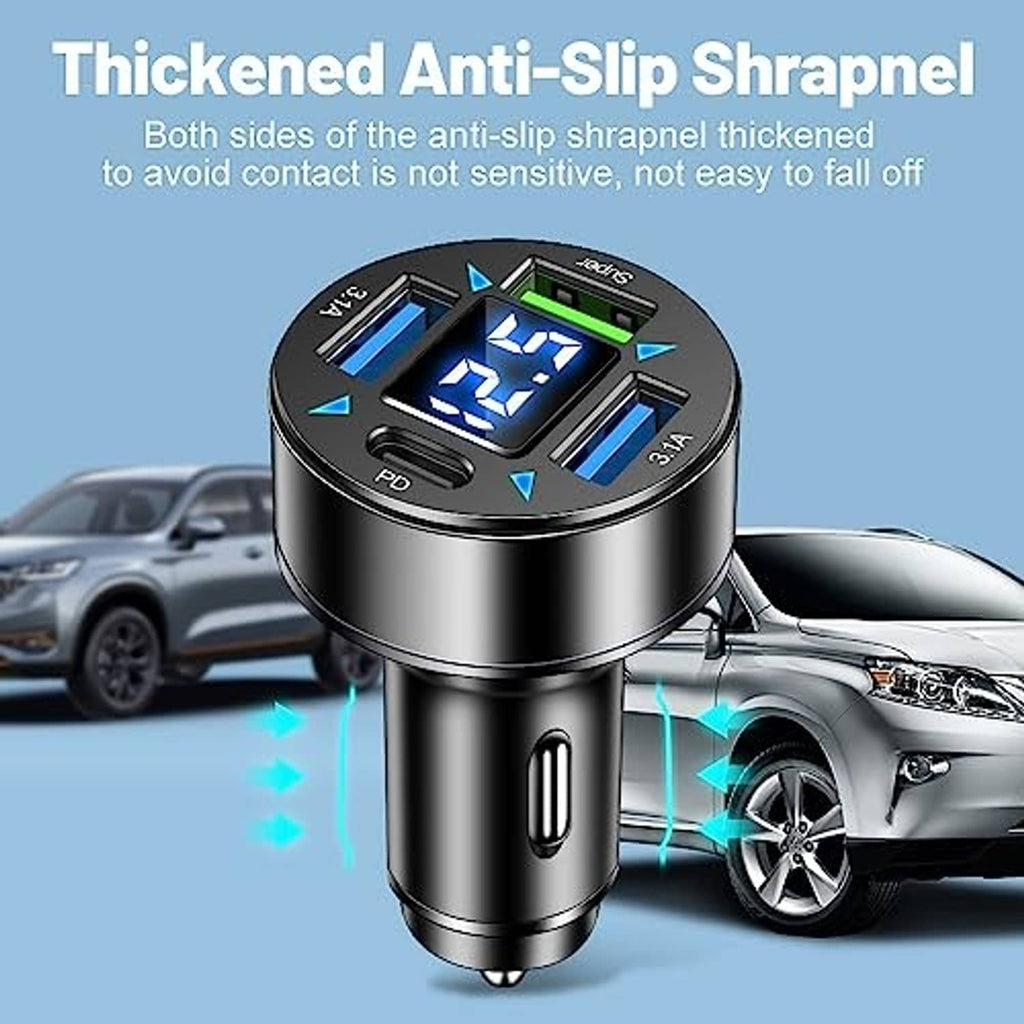 Car charger with LED voltmeter screen, anti-slip style grip and metal body