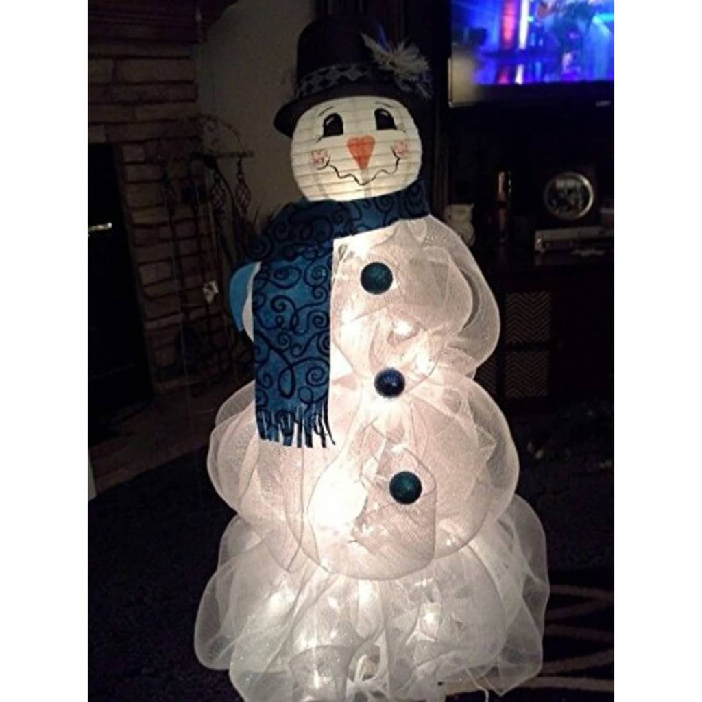 White paper lantern-style snowman decoration with lit translucent body and wire frame loops