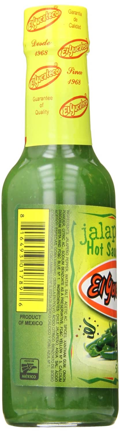 Jalapeno hot sauce bottle side label with El Yucateco logo and barcode
