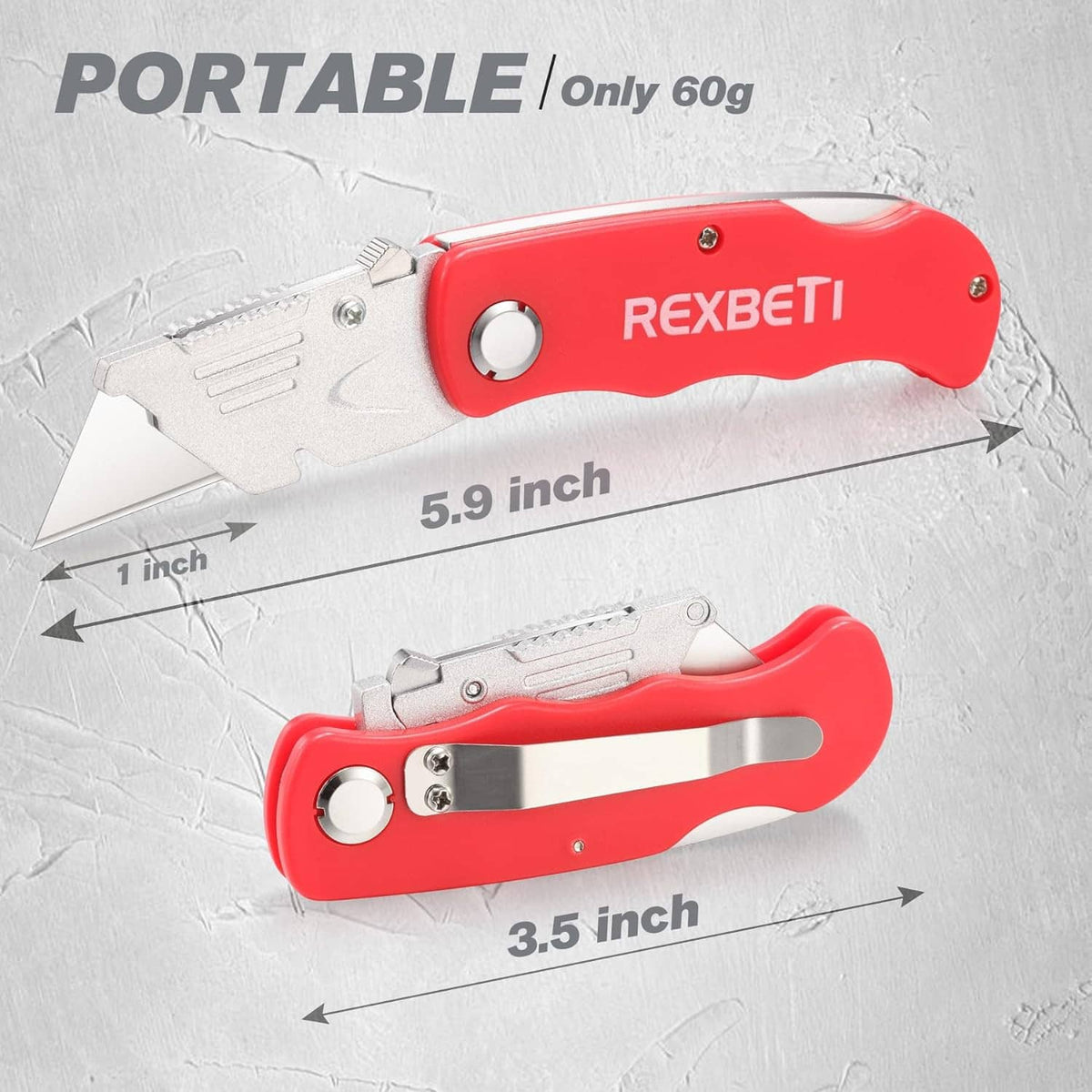 Red folding utility knife with retractable blade and pocket clip
