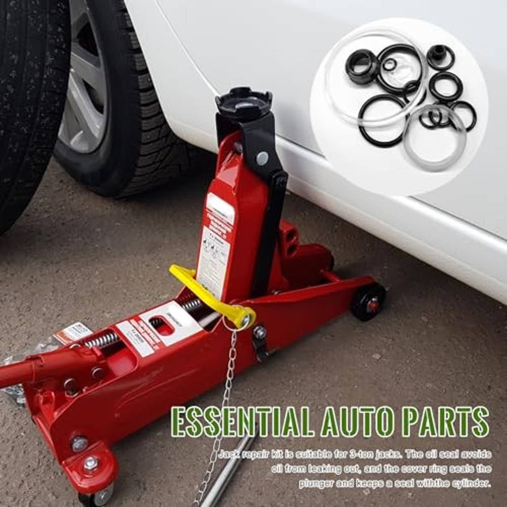 3-ton horizontal floor jack on driveway with repair kit components nearby