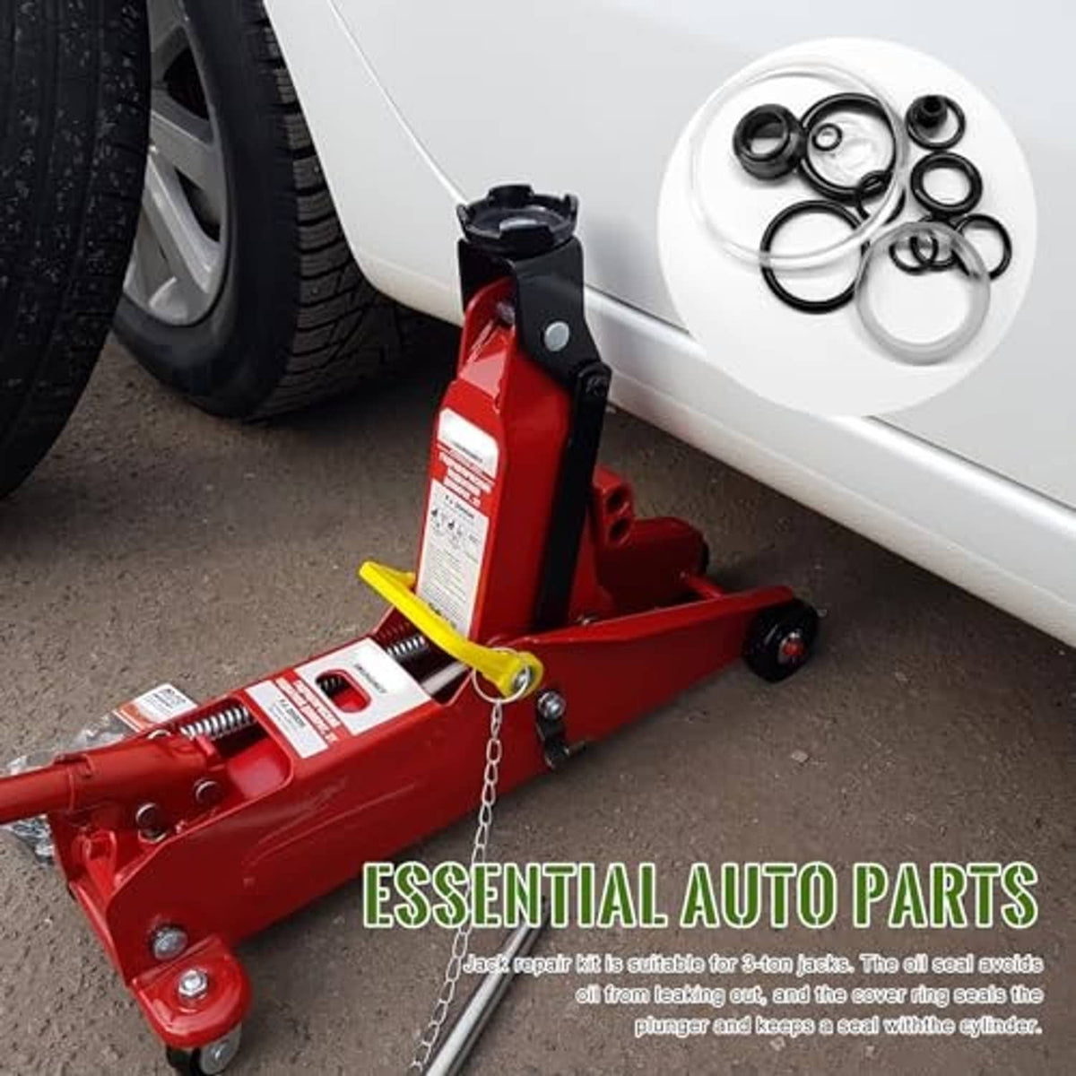 3-ton horizontal floor jack on driveway with repair kit components nearby
