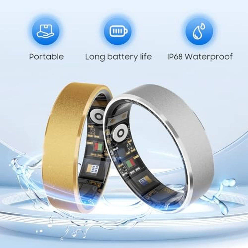 Black and gold smart health rings with long battery and IP68 waterproof feature icons