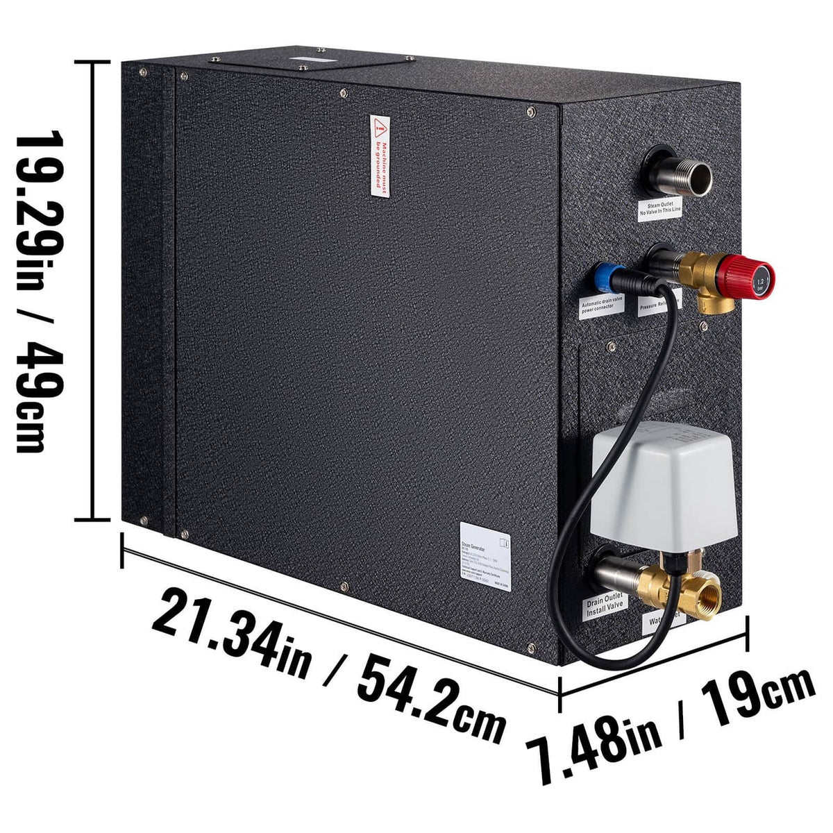 Black steam generator unit with rear panel fittings and overall size measurements