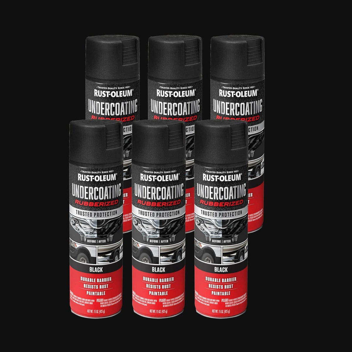 Rust-Oleum undercoating spray cans, black rubberized finish, six-pack display.