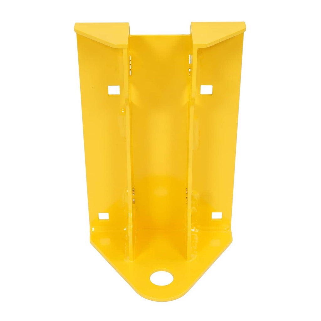 Yellow heavy-duty mower hitch bracket plate with mounting holes and weld tabs.