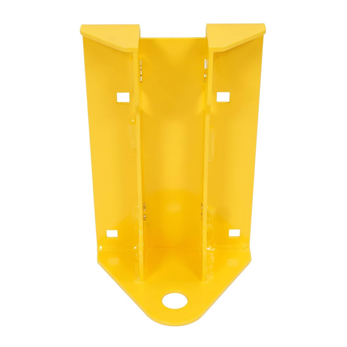 Yellow heavy-duty mower hitch bracket plate with mounting holes and weld tabs.