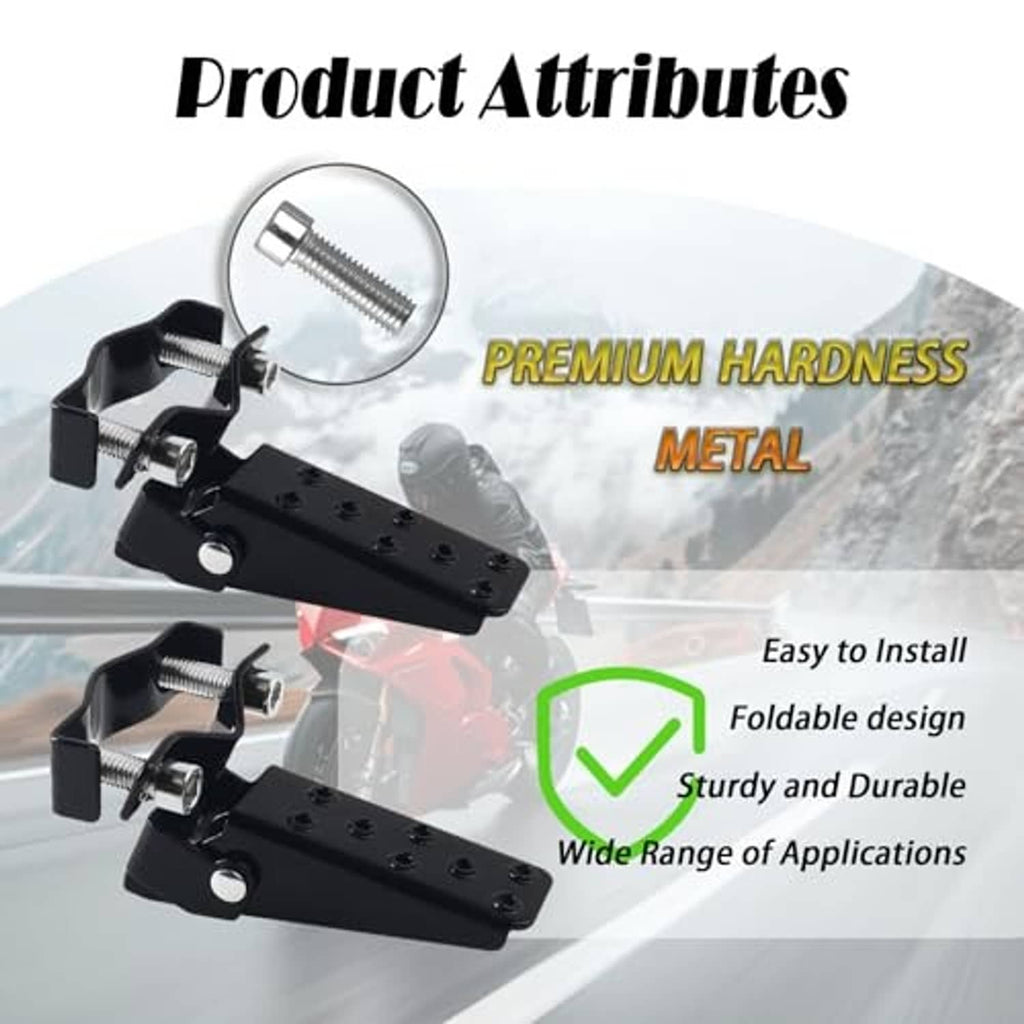 Black foldable clamp-on foot pegs with metal screws and durable bracket