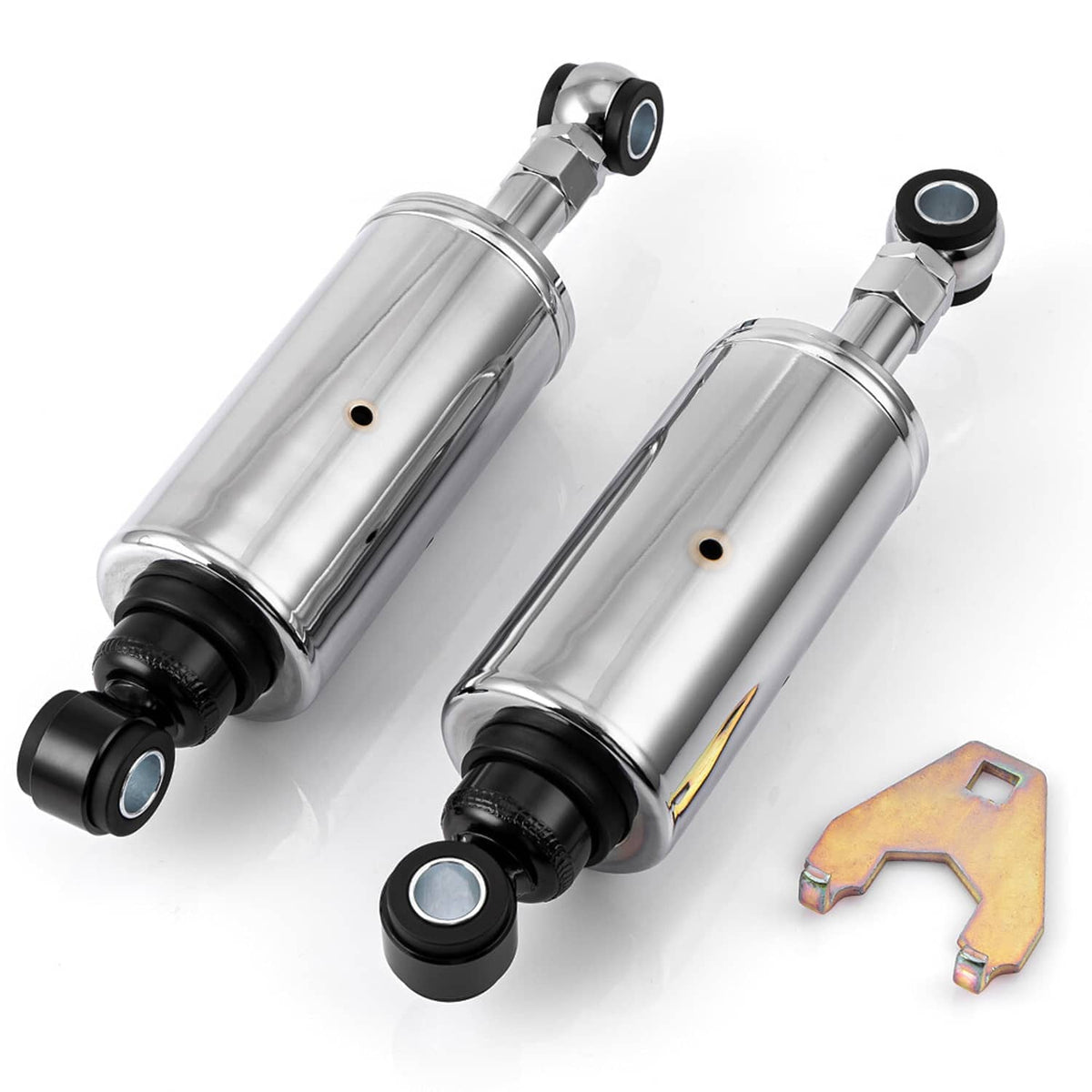 Pair of chrome rear shocks with black end mounts and yellow mounting bracket