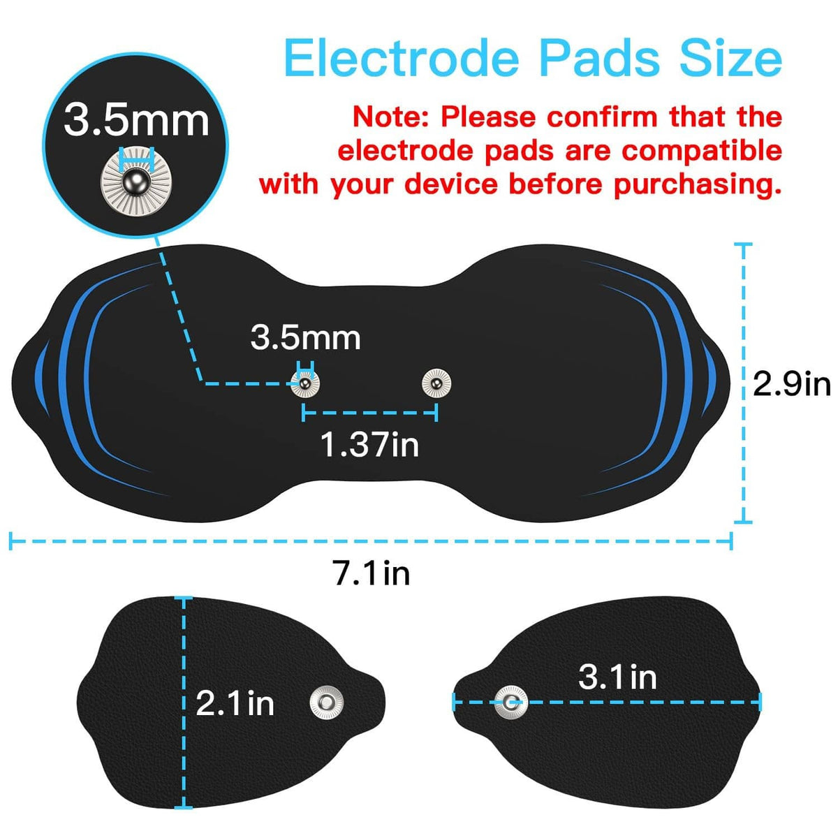 Electrode pads size chart with 7.1 in flexible black pads and snap markers