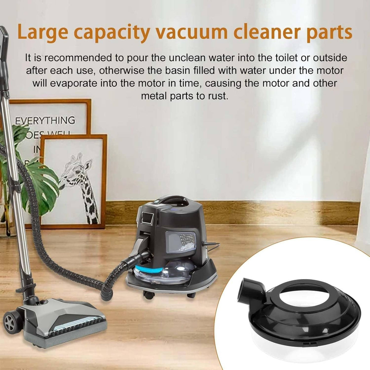 Vacuum basin water pan lid with side spout, shown on a canister cleaner