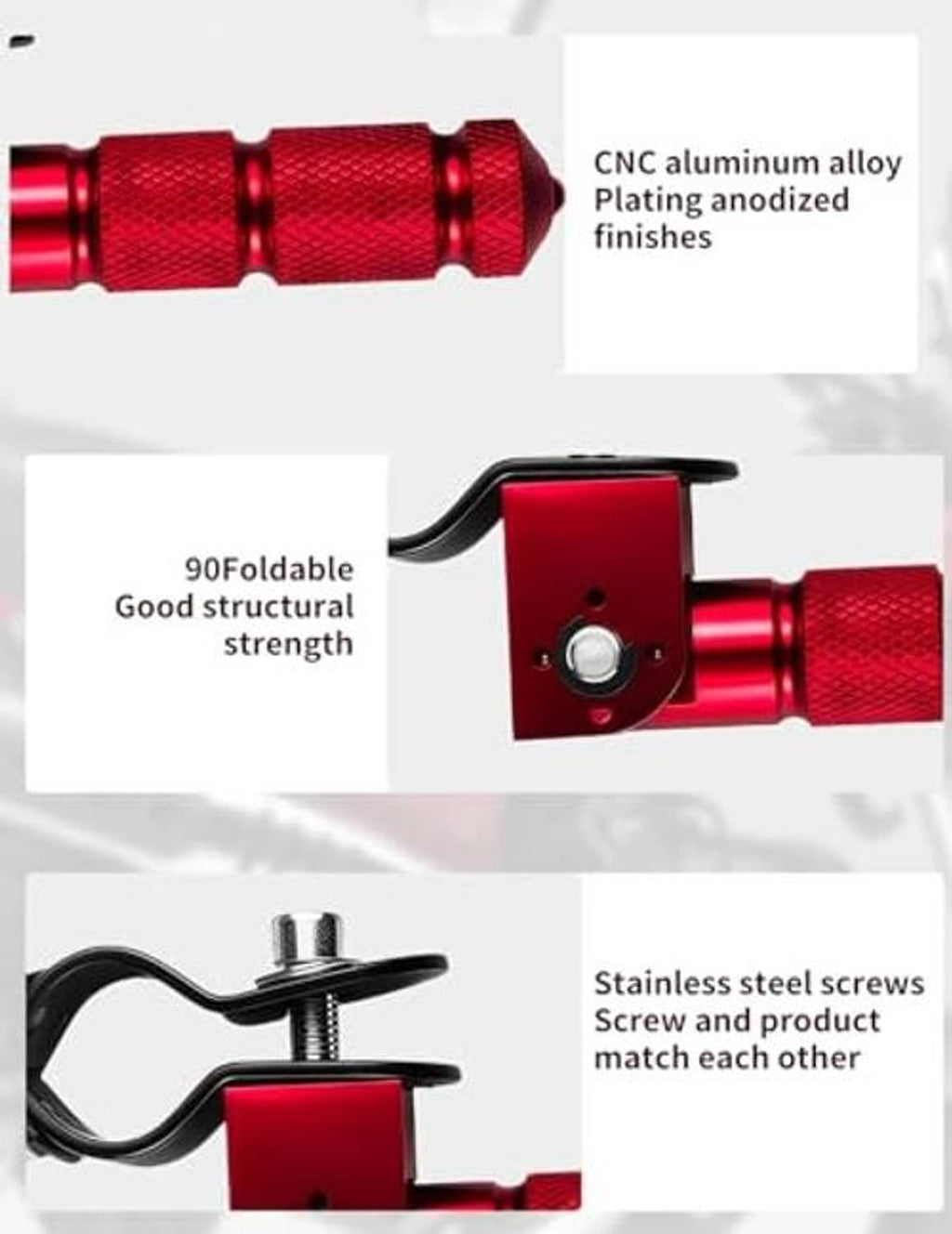 Red foldable footpeg components with silver screw details and mounting plates