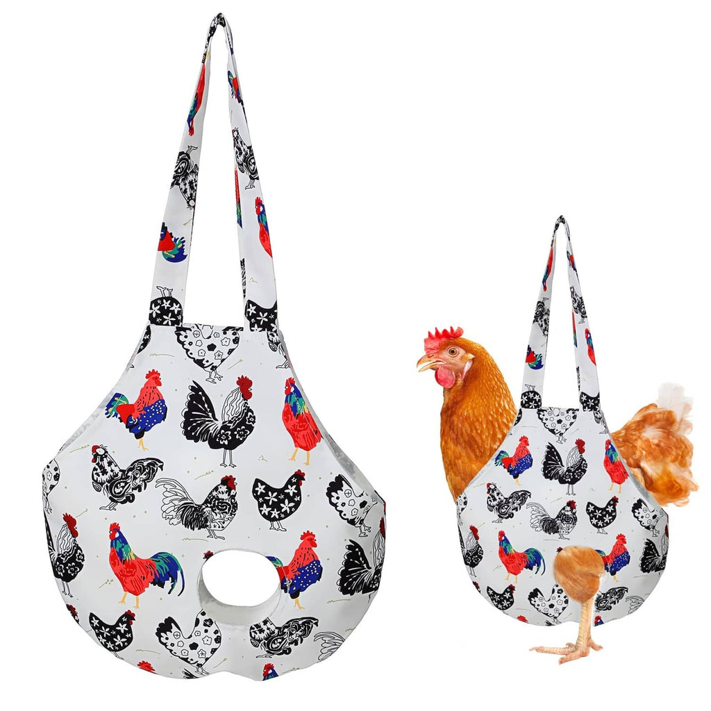 White poultry holder bag with handle, sling style, patterned with roosters and chickens