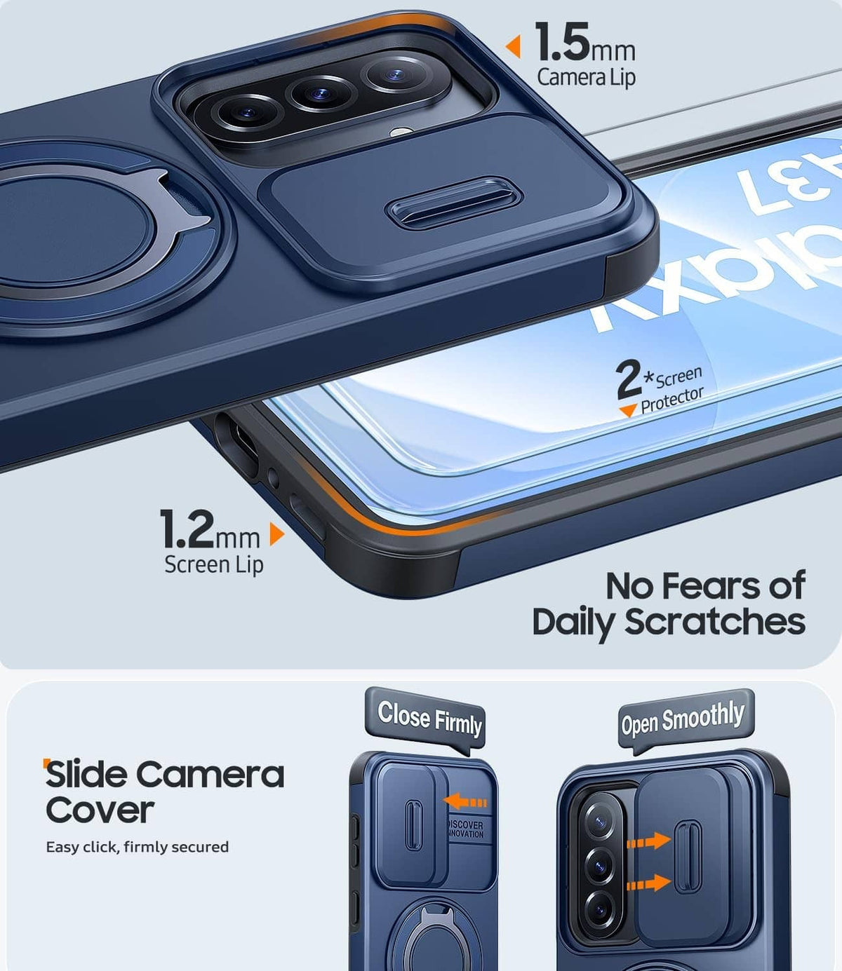 Blue case with camera lip and screen lip, includes slide camera cover