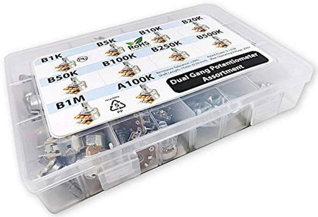 Dual gang potentiometer assortment kit in clear plastic case with labeled resistance options