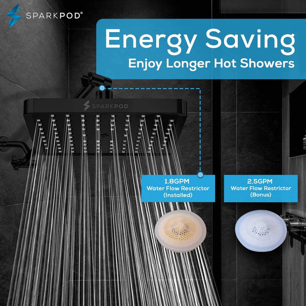 Matte black 8-inch square rain shower head with cascading water streams