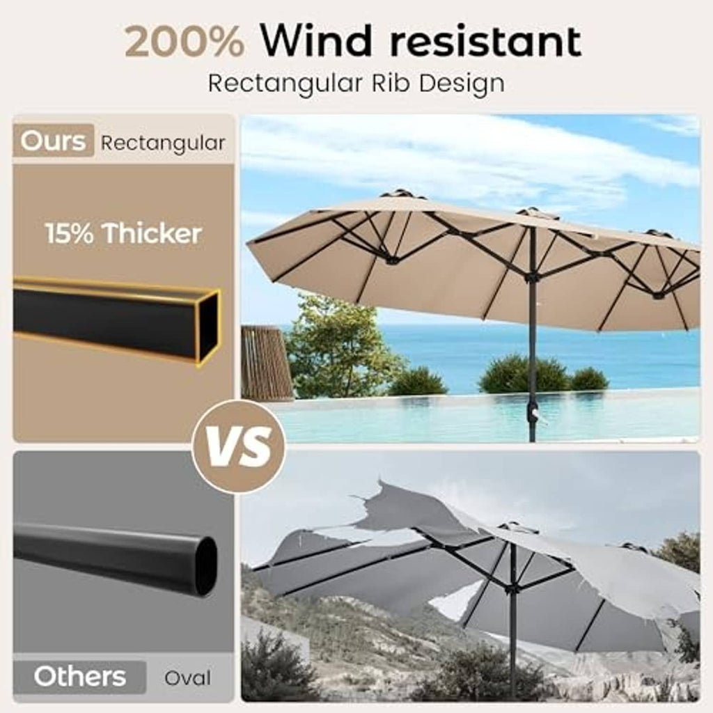 Rectangle patio umbrella with beige fabric and black ribbed frame