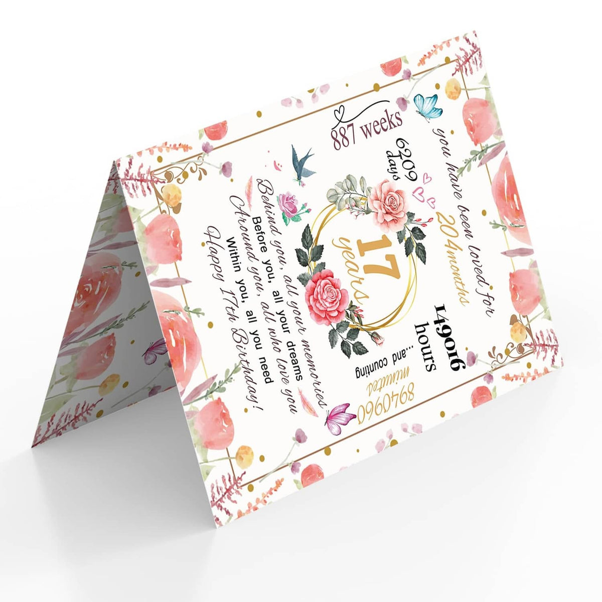 17th birthday greeting card with floral roses, gold wreath, and “17 years”