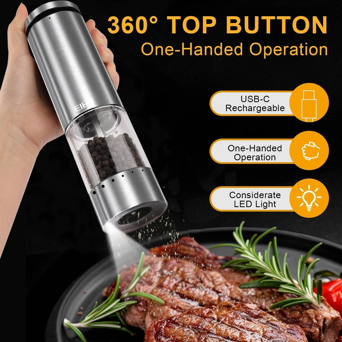 Stainless steel electric grinder with 360° top button and USB-C rechargeable design