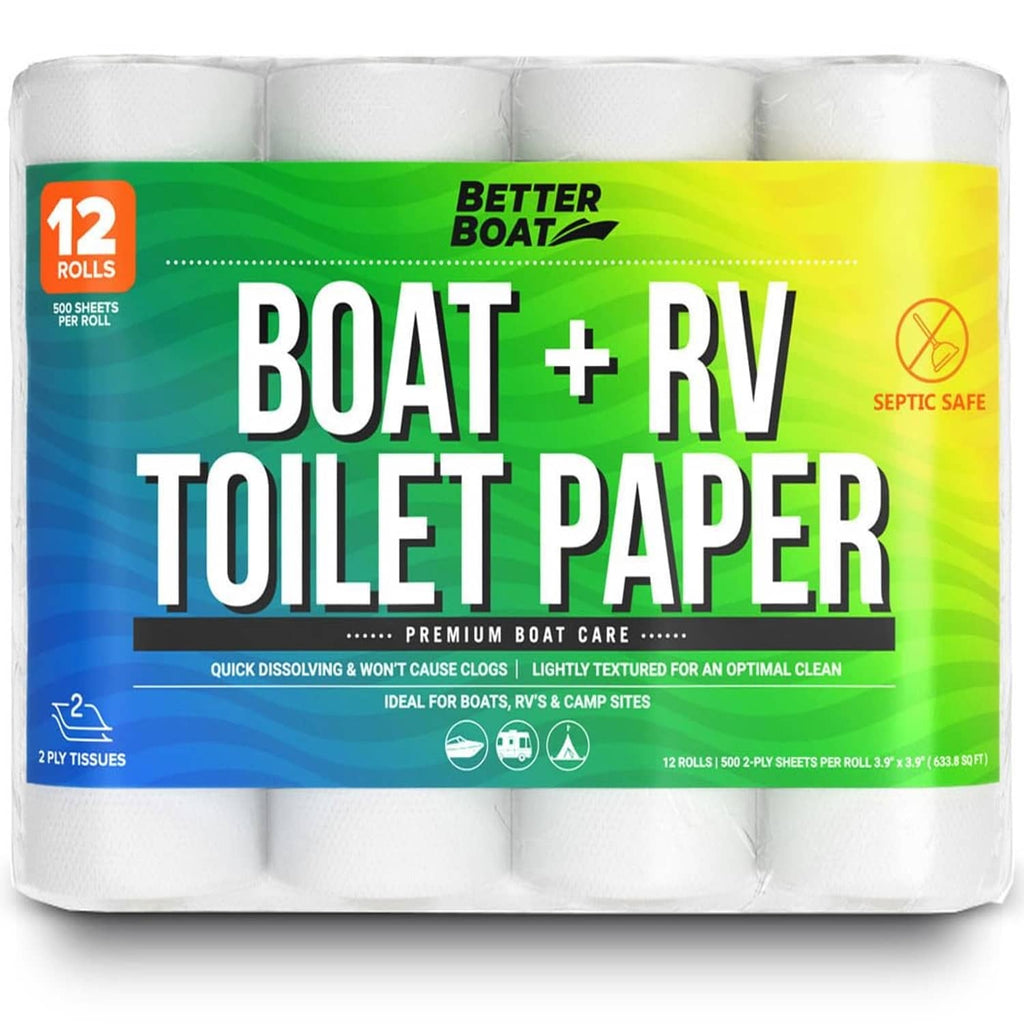 RV toilet paper 12-roll pack, white rolls with 500 sheets per roll