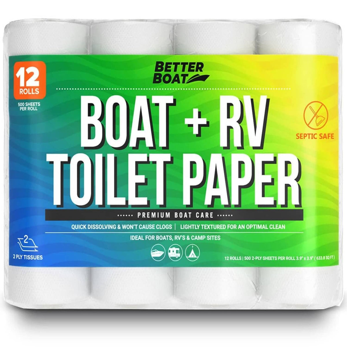RV toilet paper 12-roll pack, white rolls with 500 sheets per roll