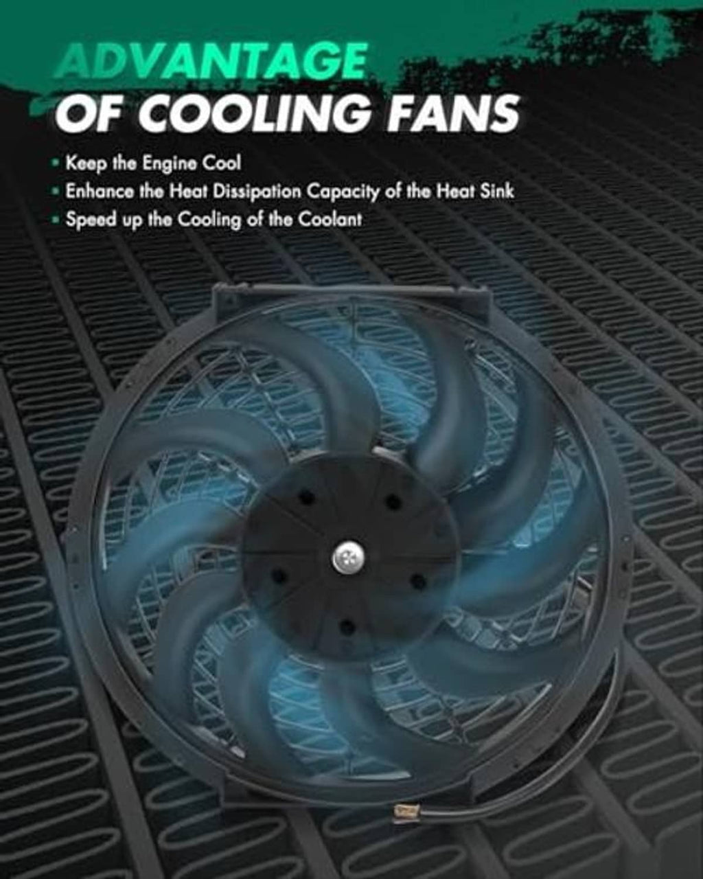 Electric cooling fan mounted on radiator grille with black blades