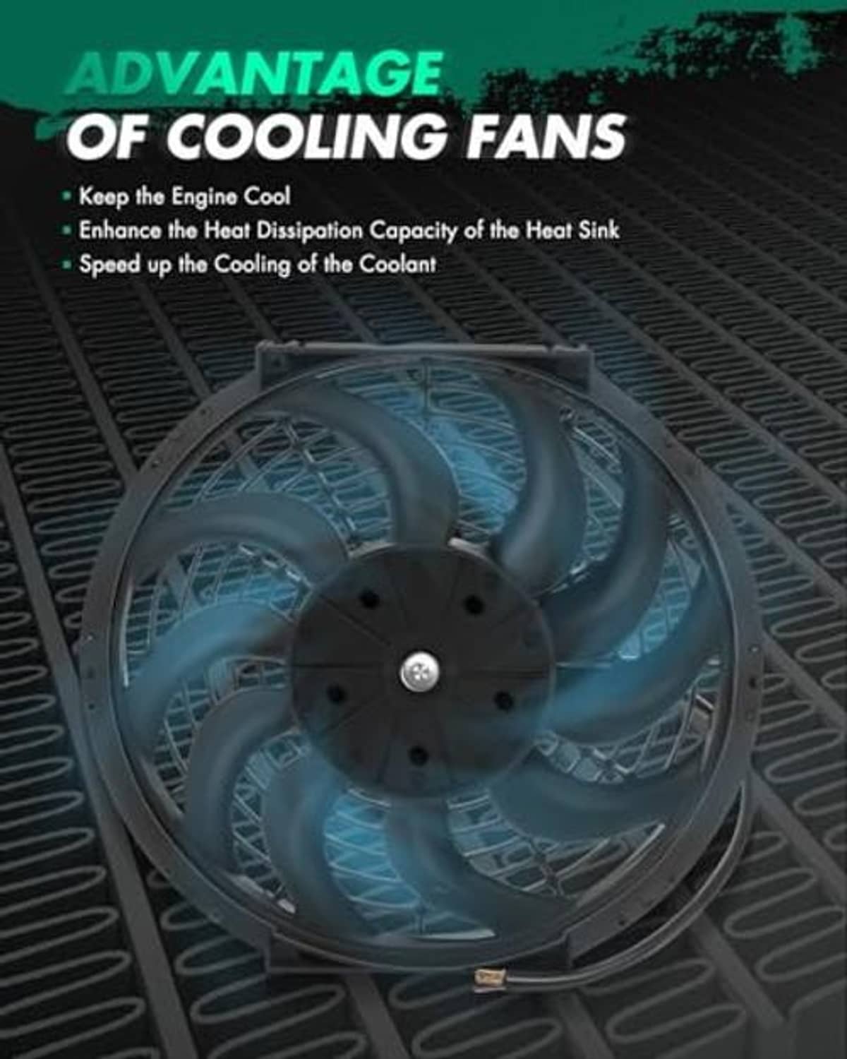Electric cooling fan mounted on radiator grille with black blades
