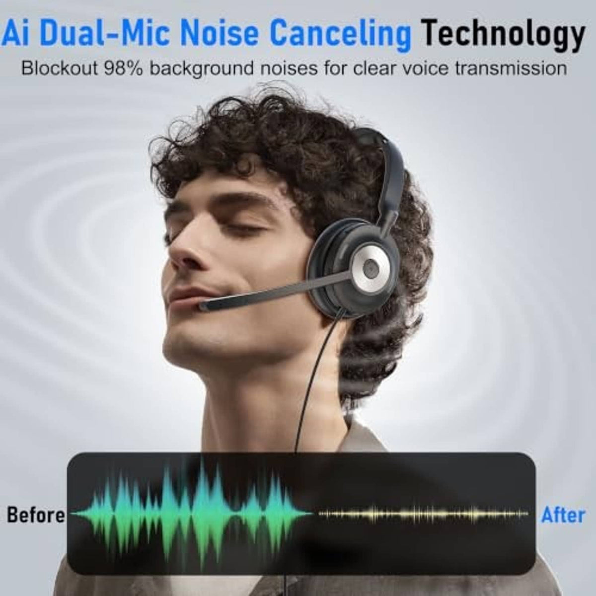 Over-ear black headset with boom microphone on a person, side view