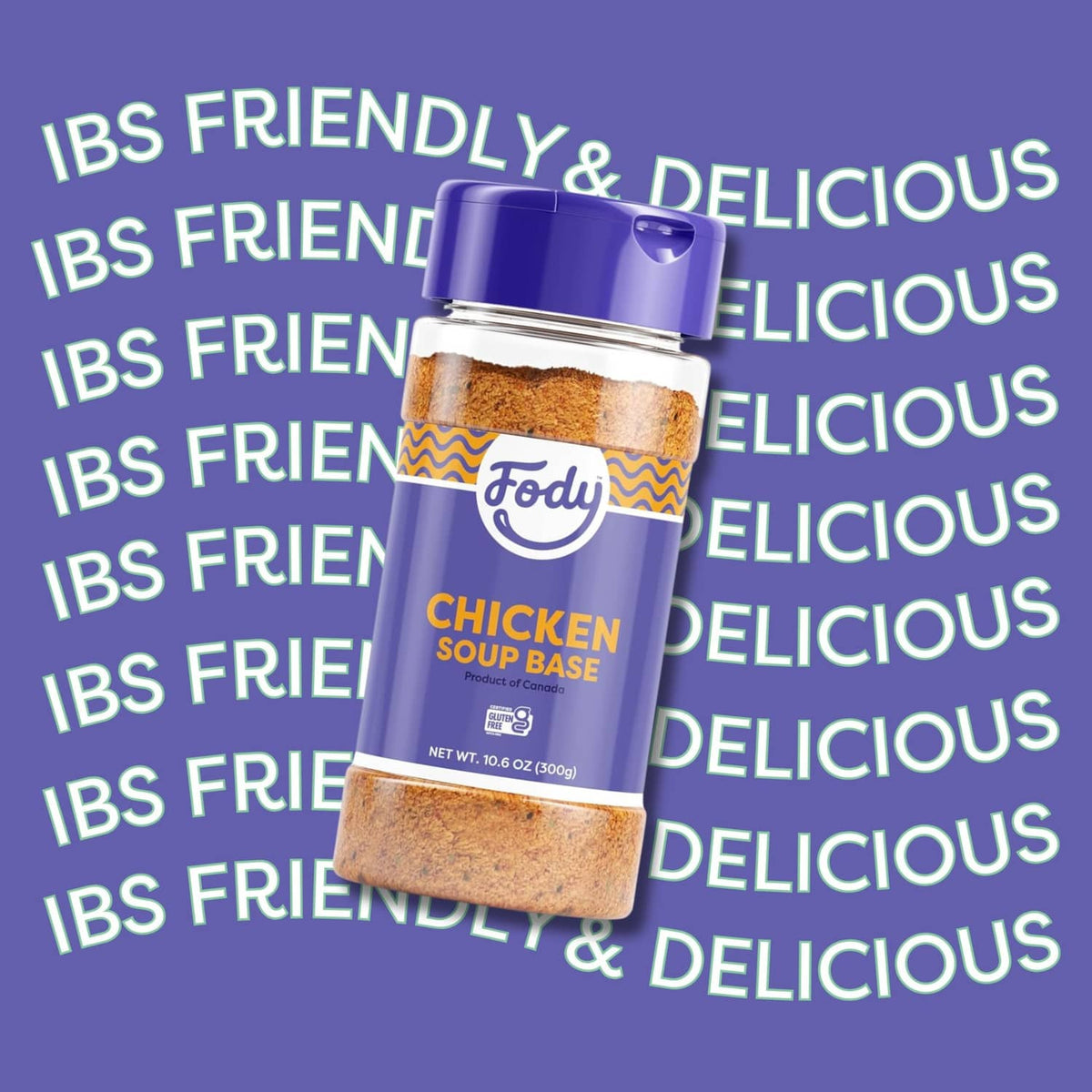 Chicken soup base seasoning jar with blue cap and Fody label