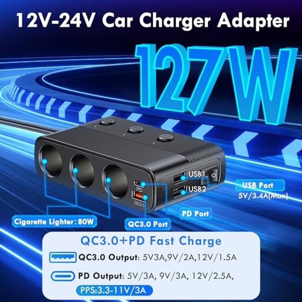 Black 12V-24V car charger splitter with 3 outlets and USB QC and PD ports