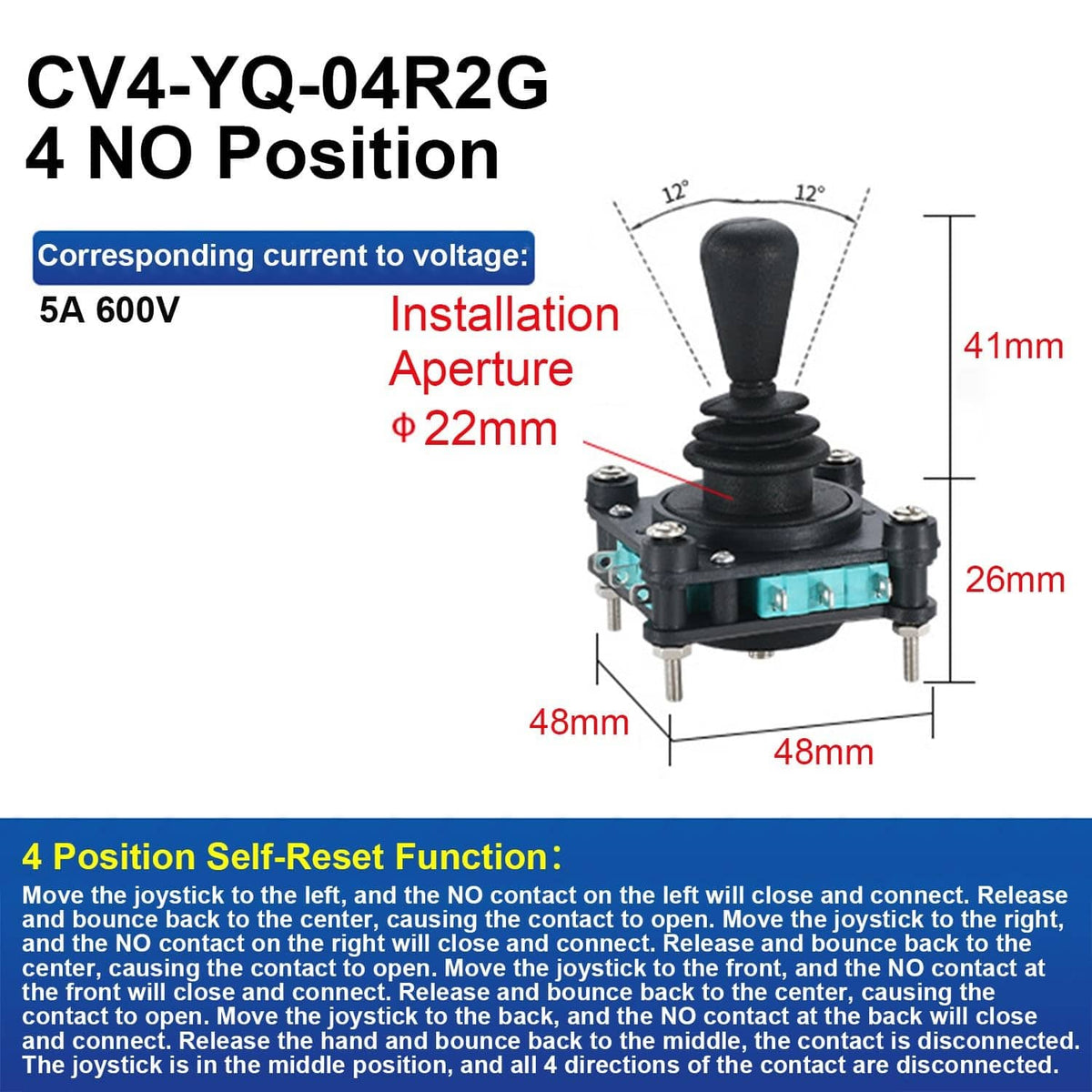 Black 4-position joystick switch with teal base, black lever, and four mounting posts