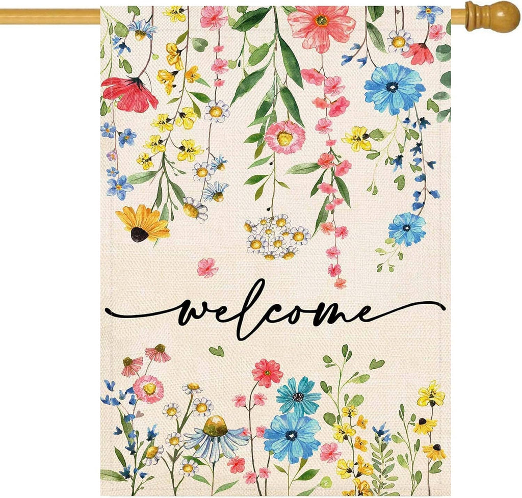 Floral yard flag with multicolor blossoms and black “welcome” script on cream fabric