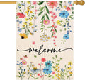 Floral yard flag with multicolor blossoms and black “welcome” script on cream fabric