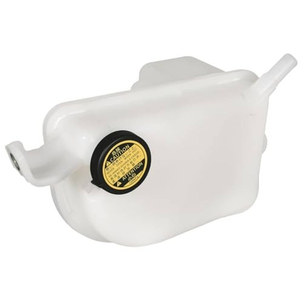 White coolant expansion tank with caution label and bracket tabs