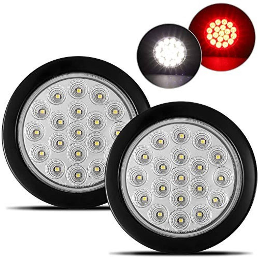 Round LED trailer light set, showing three angles with black bezel and red/white LEDs