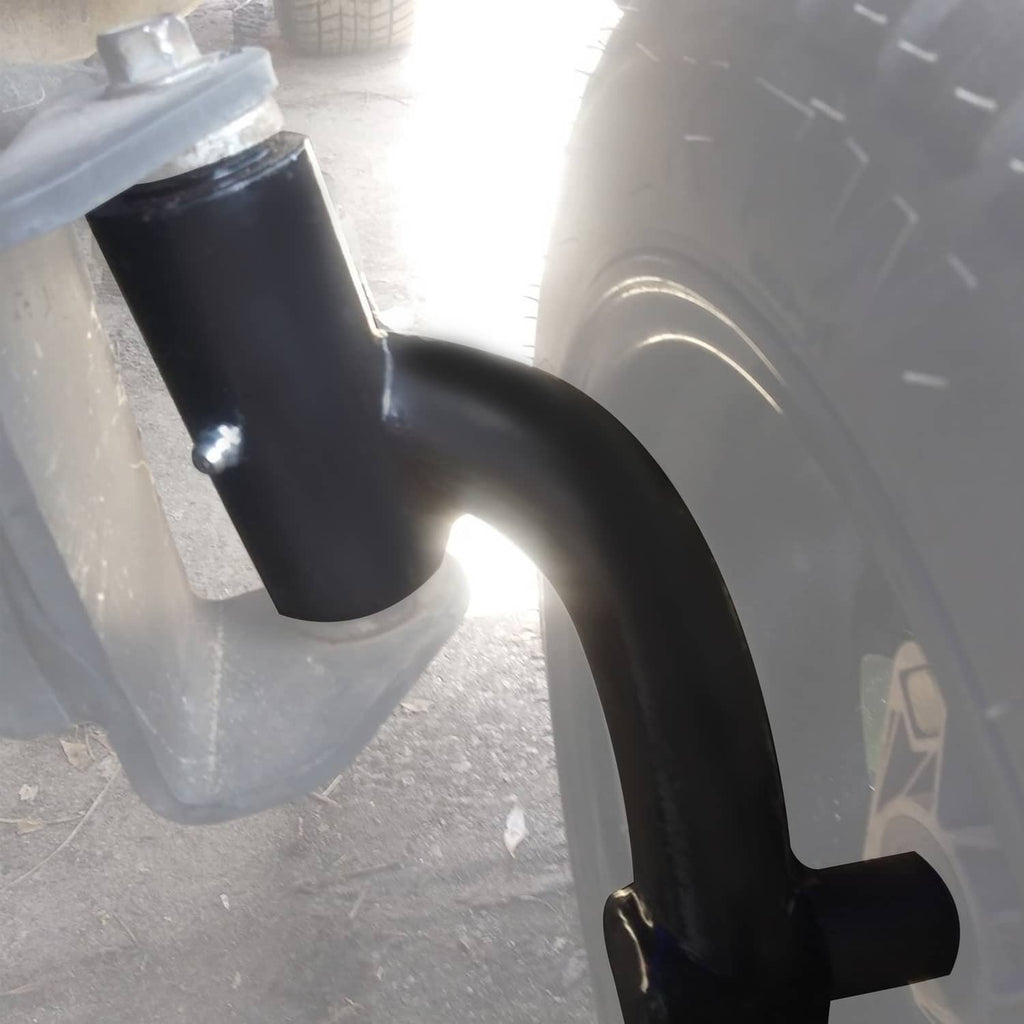 Black lift spindle support arm mounted under front section near wheel and tire