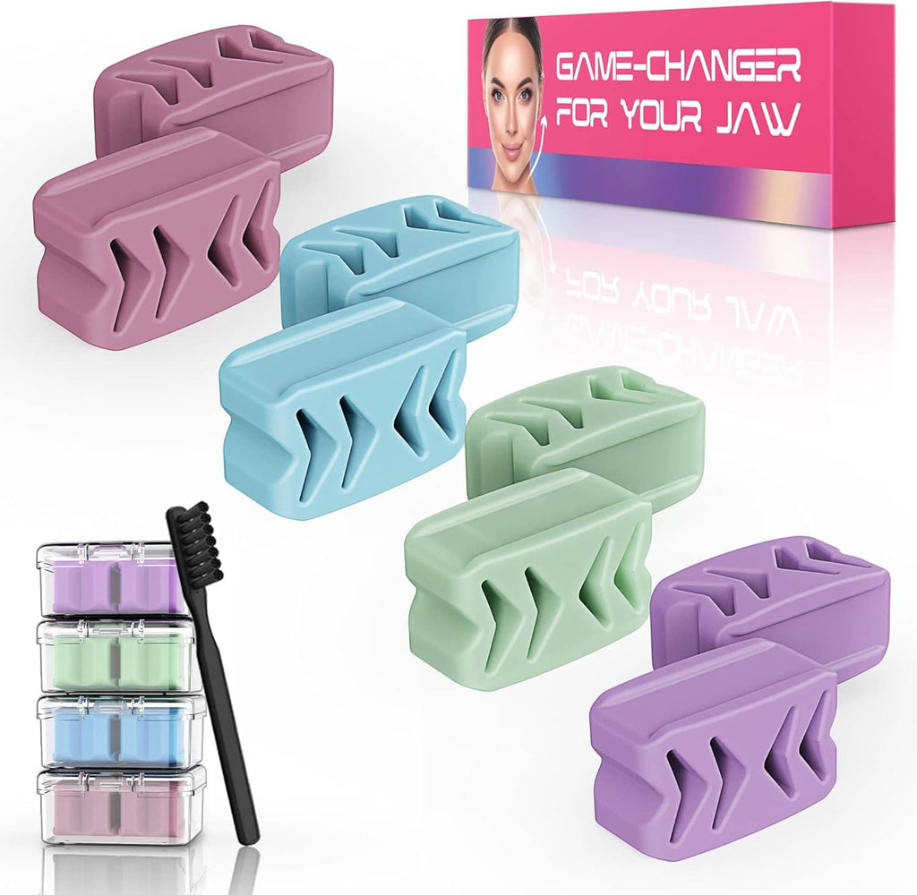 Silicone jaw exerciser blocks with matching organizer case and black cleaning brush