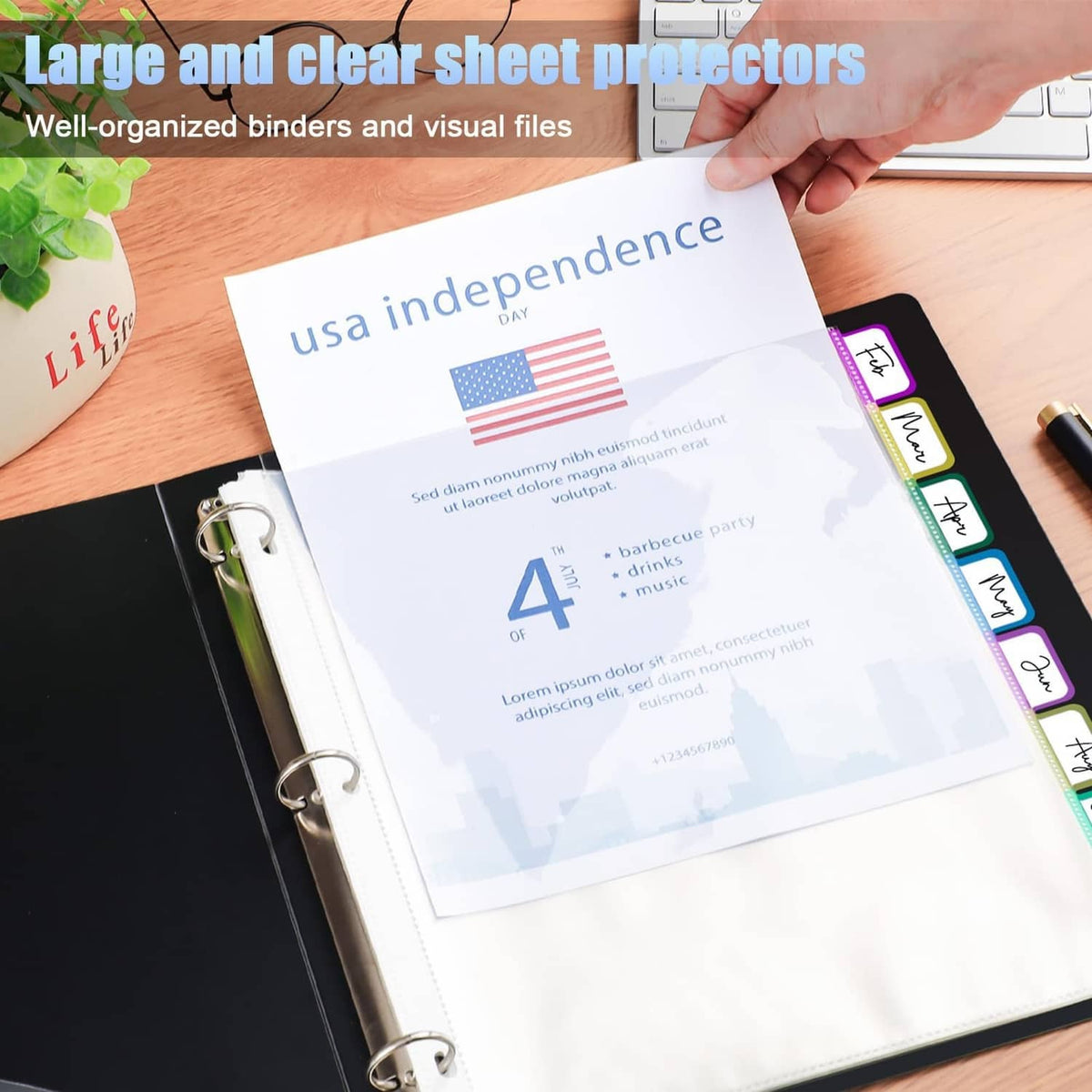 Clear sheet protector page insert with multicolor tabbed edges in a binder